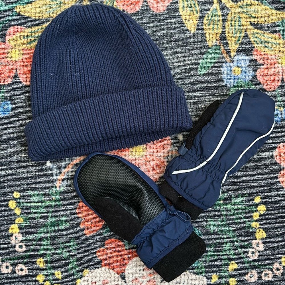 Gap Toddler Navy Blue Toddler Beanie Hat & Mittens Bundle, Size M/L